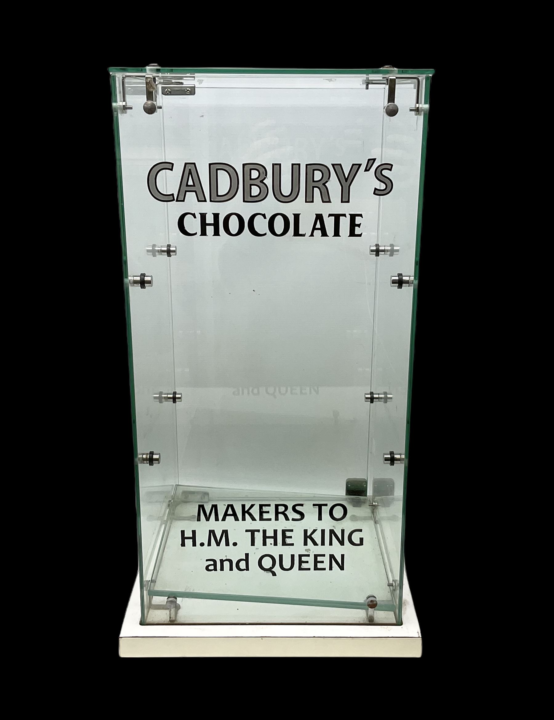 Cadbury's chocolate countertop display advertising cabinet, glazed with 'Cadbury's Makers to T.M The King & Queen', with two glass shelves and a back opening door, H54,5cm