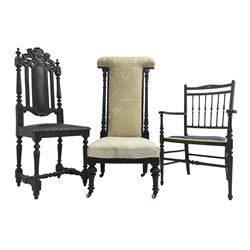 Late Victorian ebonised and parcel gilt Prie-Dieu chair (W53cm, H109cm); Victorian oak Carolean design chair; and an Edwardian inlaid mahogany elbow chair