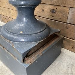 19th century blue painted cast iron lotus garden urn with plinth, and a cast iron rain hopper