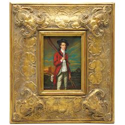 English School (20th century): Portait of a Boy with a Bat and a Ship Portrait, two oils on wood panel in matching gilt frames indistinctly signed 16cm x 11cm and 11cm x 16.5cm (2)