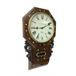 George Pickering of Hull - 8-day American mahogany and mother of pearl inlaid drop dial wall clock c 1880, with an octagonal dial surround and spun brass bezel, painted dial with Roman numerals, minute track, retailers name and Maltese cross hands, case with an ogee base, carved ears and pendulum viewing glass, twin train spring driven movement striking the hours on a bell.  With key and pendulum.