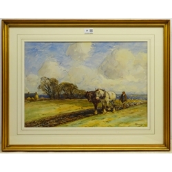 John Atkinson (Staithes Group 1863-1924): Ploughing Team, watercolour signed 37cm x 53cm