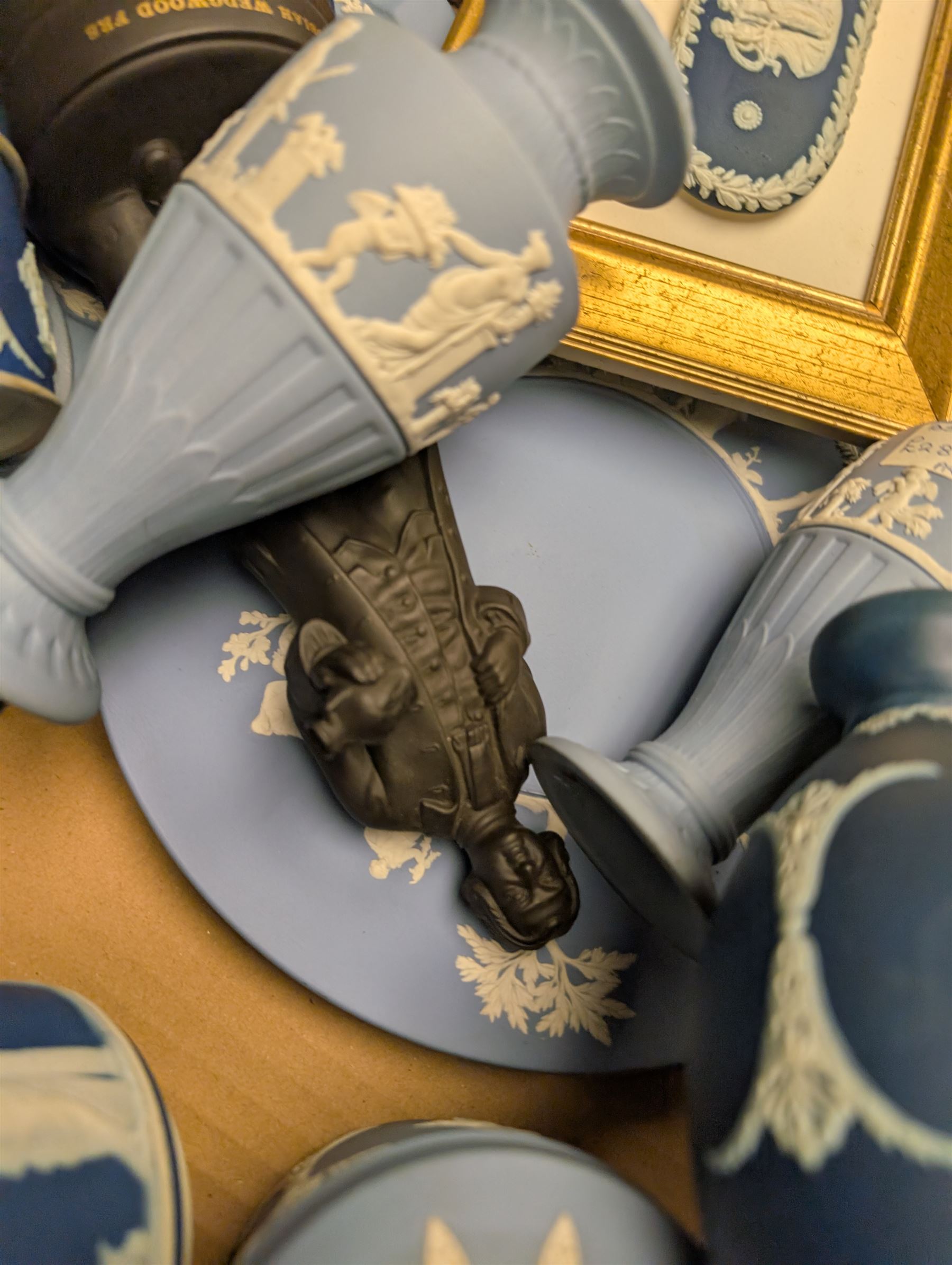 Collection of Wedgwood Jasperware, including vases, jars, framed plaques, etc and Josiah Wedgwood figure