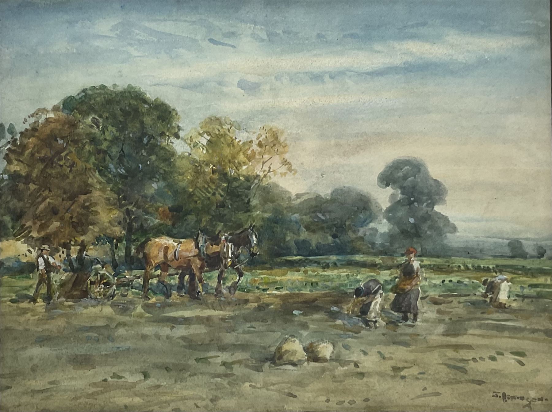 John Atkinson (Staithes Group 1863-1924): Working Horses and Girls in the Field, watercolour signed 28cm x 36cm