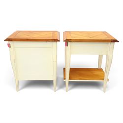 AM Classic - Louis XV design cherrywood bedside chests, one with three drawers and one with one drawer and full length undertier, shaped white supports