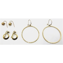  Two pairs of 9ct gold ear-rings hallmarked and stamped and one other pair tested 14ct, approx 4.1gm gross  