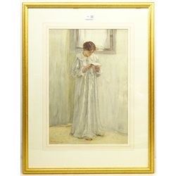  Henry Silkstone Hopwood (Staithes Group 1860-1914): Lady in White, watercolour signed and dated 1908, 53cm x 36.5cm  