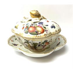 19th century Meissen tureen with cover and stand, quatrefoil form painted with fruit and insects, gilt fruit knop and foliate border, L25cm 