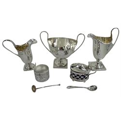 Silver cream jug and sugar bowl by William Aitken, Birmingham 1911, another smaller jug, London 1897, silver cruet, salts spoons and napkin ring, all hallmarked, approx 10.1oz