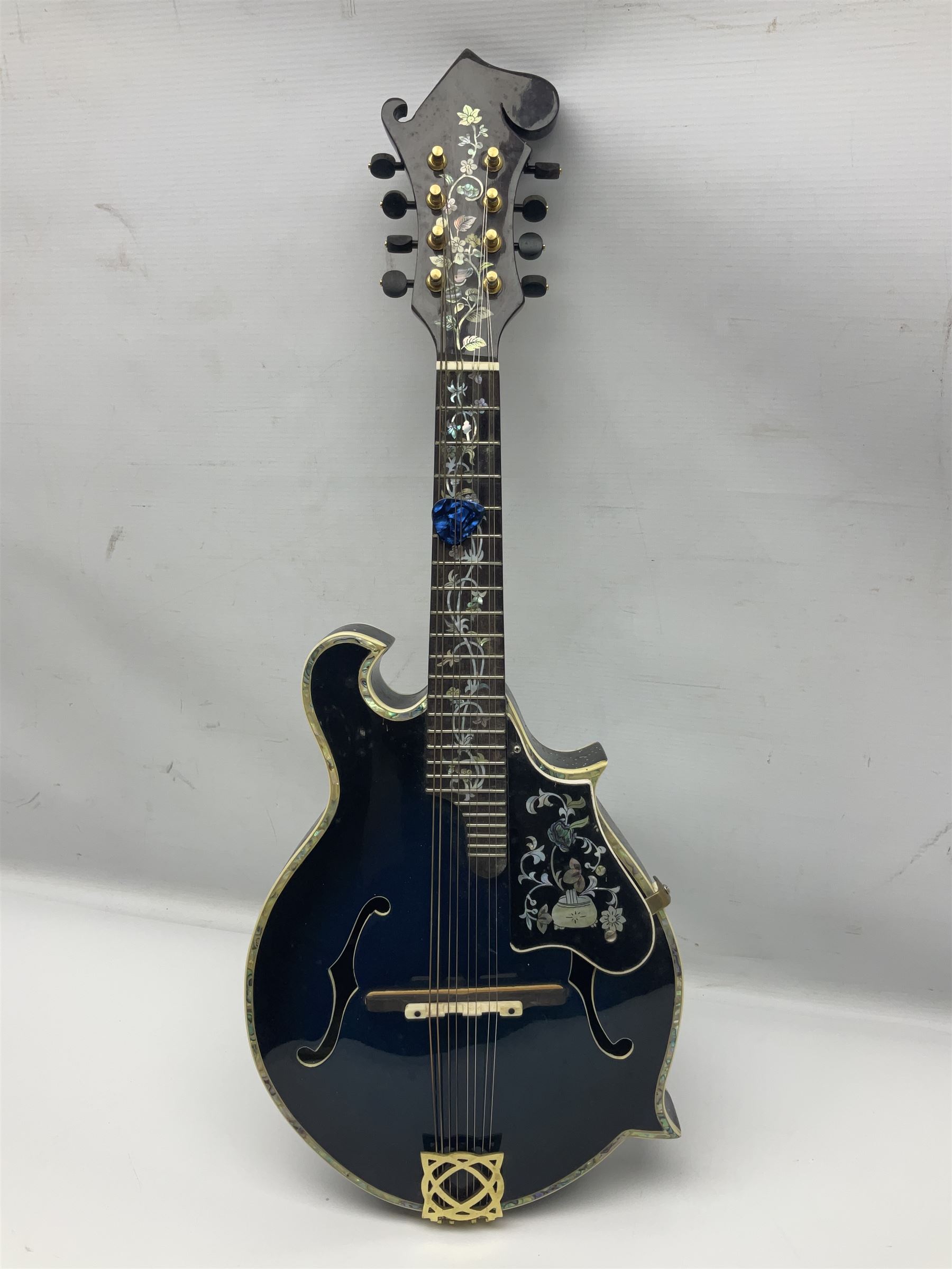 Eastern eight-string F-hole mandolin with blue sunburst finish and mother-of-pearl inlay of flowers and birds L69cm