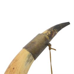 Victorian cast iron desk letter head seal or embosser, decorated in gilt with flowers, together with a mounted ox horn, approximately L59cm