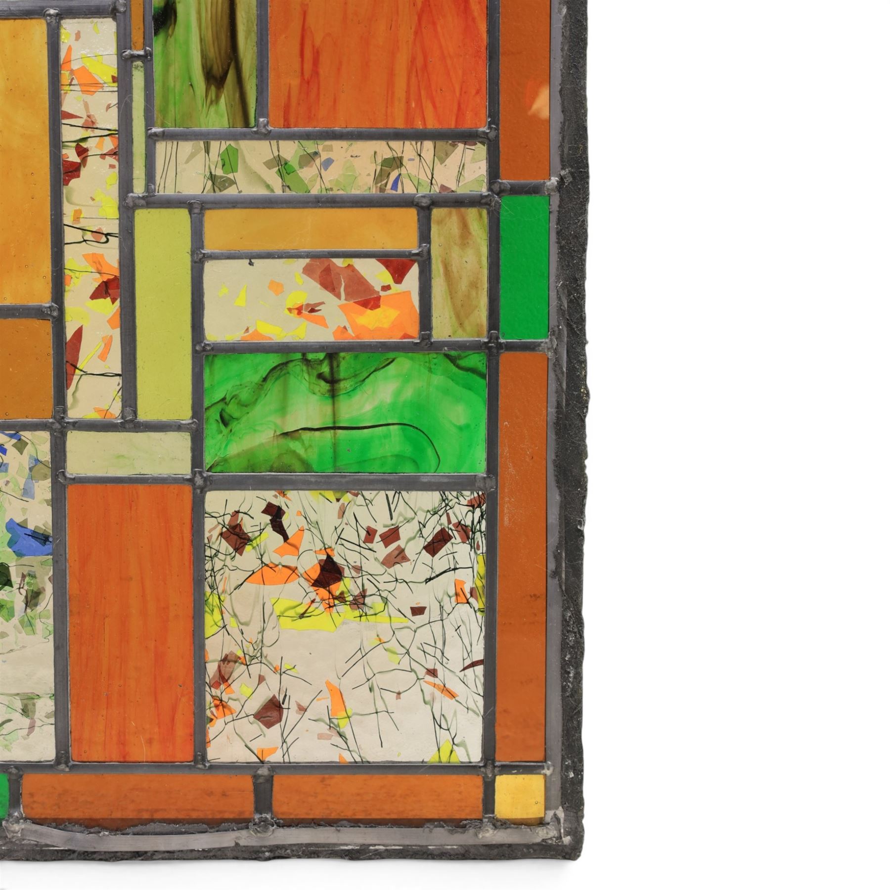 Valerie Green - 21st century stained glass and leaded panel, in green, orange and yellow colourways   
