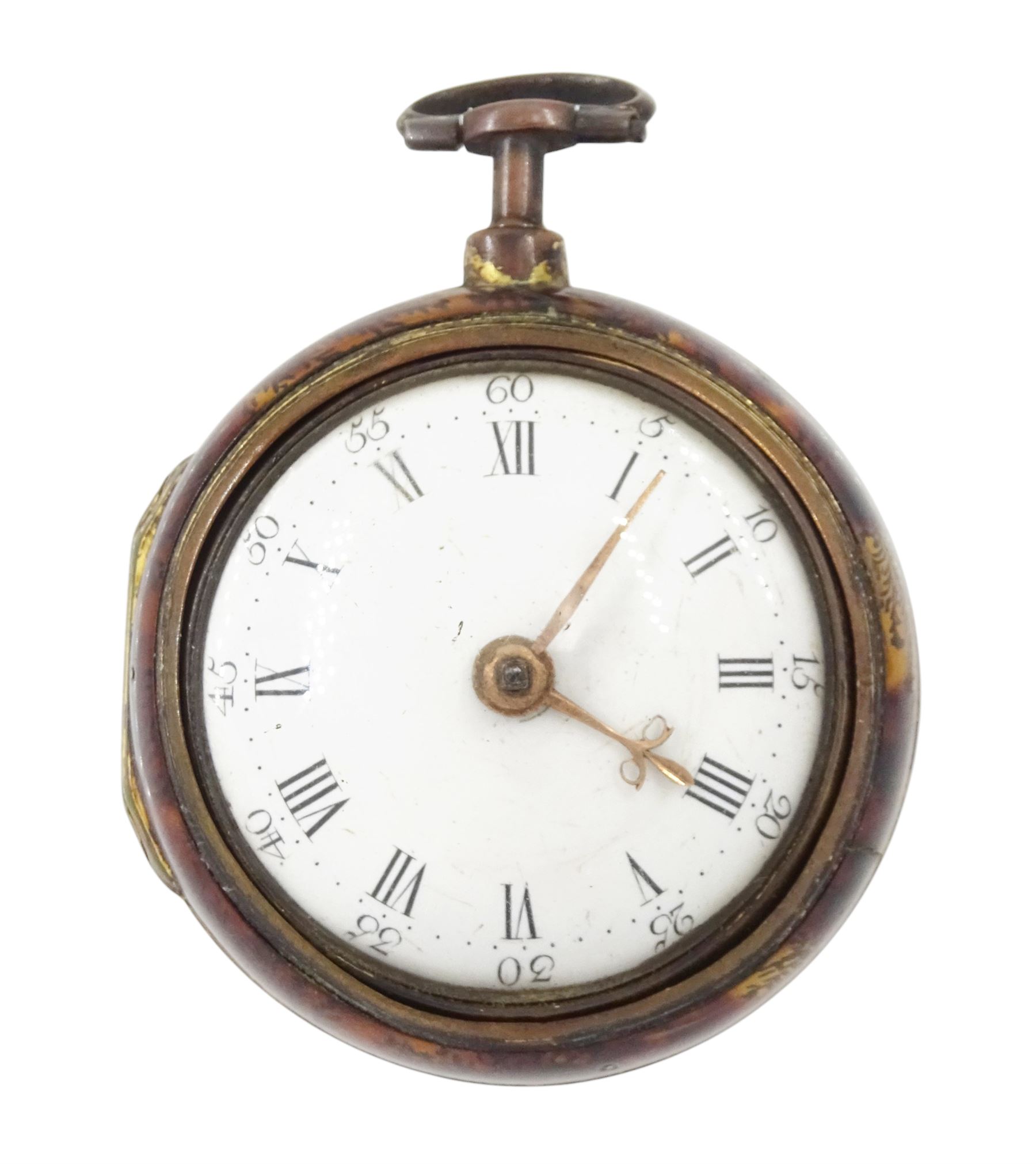 George III gilt and tortoise shell pair cased verge fusee pocket watch by Samuel Corbett, Hadleigh, No. 583, pierced and engraved balance cock, white enamel dial with Roman hours and outer Arabic minute ring, the tortoiseshell outer case painted with fern decoration