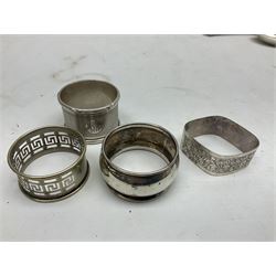 Group of silver to include cased set of six silver handled knives hallmarked Birmingham 1921 by Raeno Silver Plate Co, three hallmarked napkin rings etc together with silver plated and other metalware etc