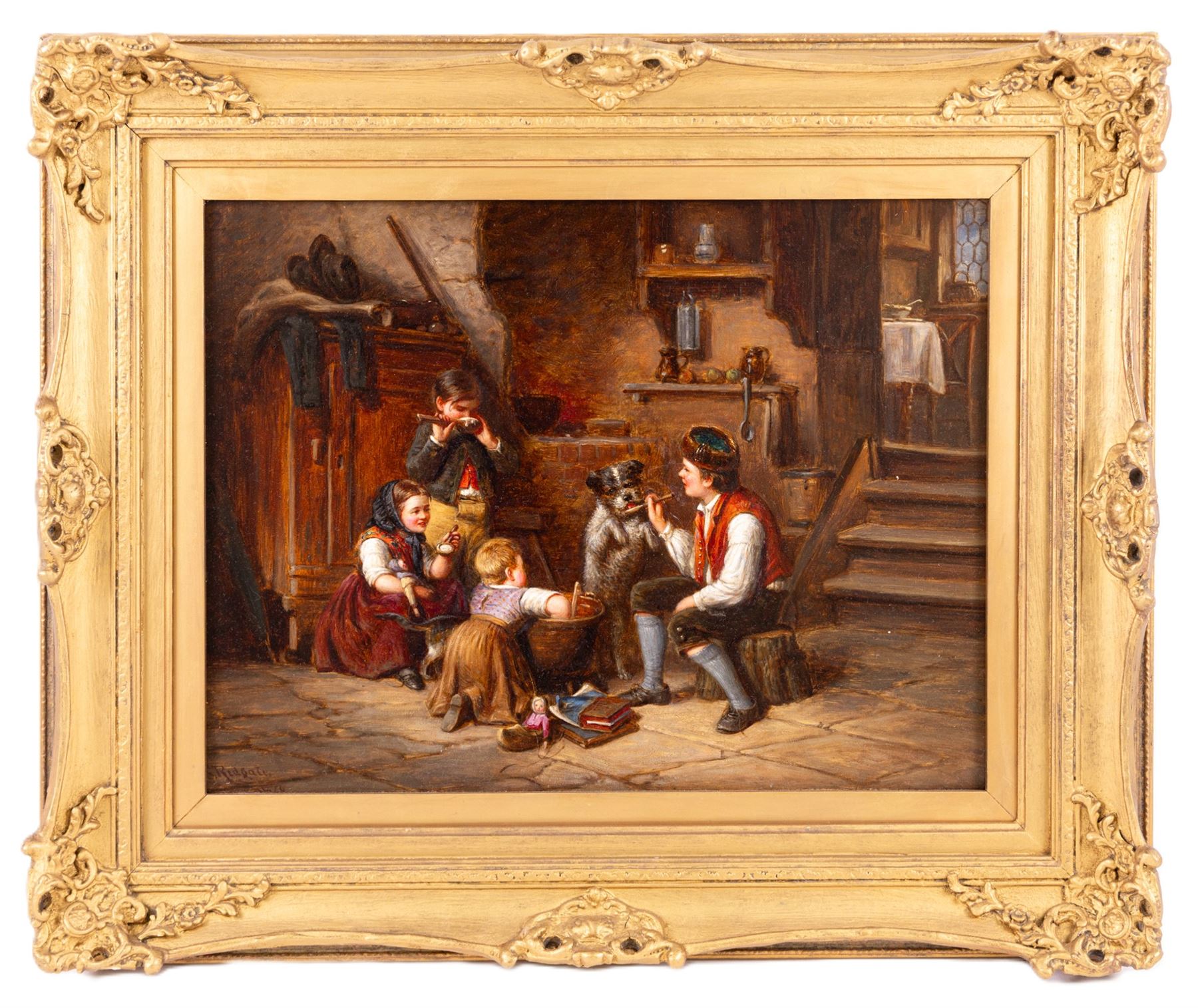 Sylvanus Redgate (British 1827-1907): 'Breakfast Time' Interior Scene with Children and Terrier, oil on board signed and dated 1870, 33cm x 43cm