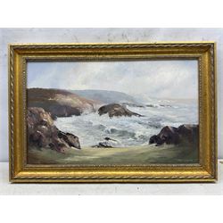 Mary Wastie (Cornish 1935-): Rocky Seascape near Pendeen, oil on canvas signed 39cm x 65cm 