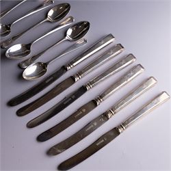 Set of six silver teaspoons with engraved initial K to finial, together with a set of six silver handled tea knives and one further silver teaspoon, all hallmarked