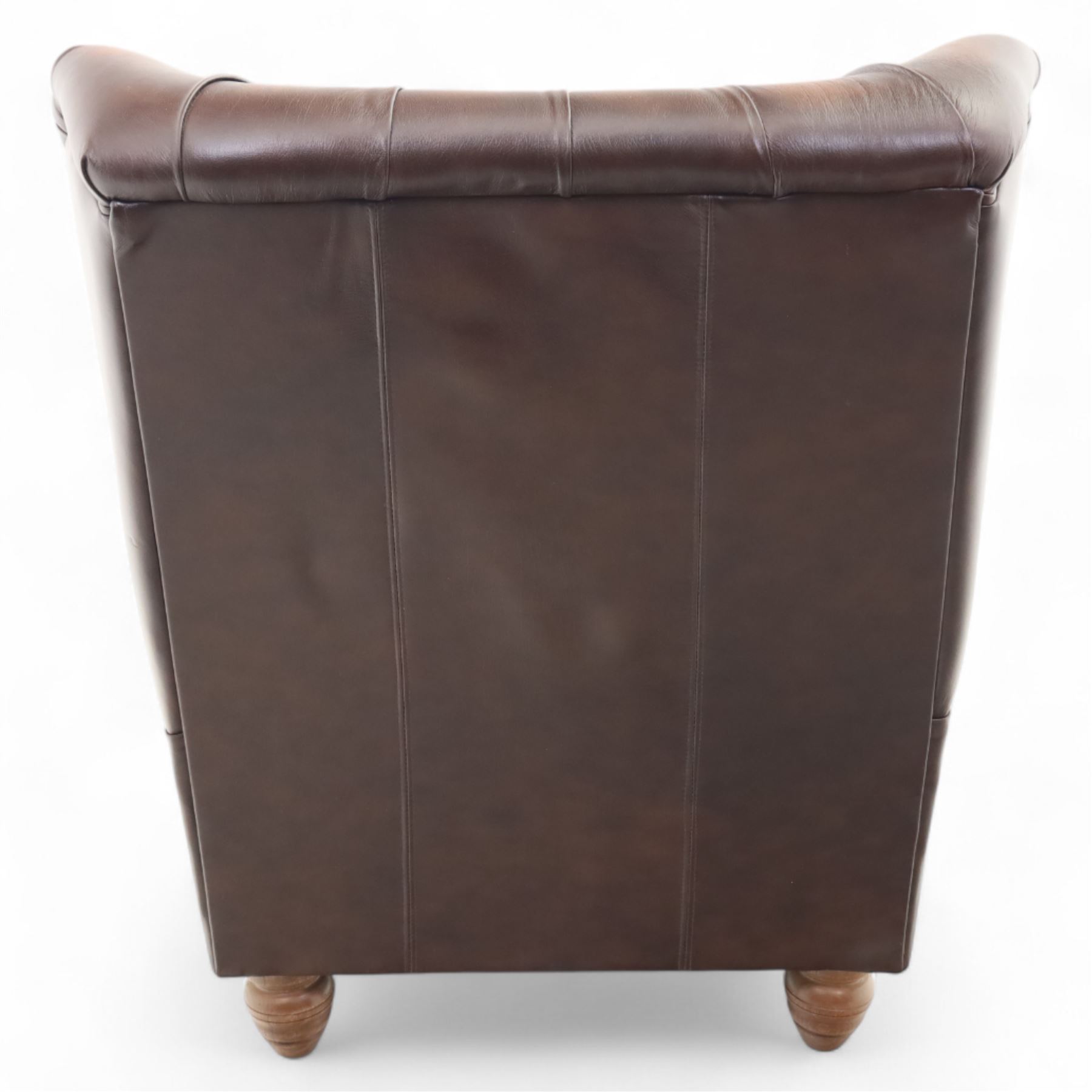 Thomas Lloyd  - armchair, brown leather,  button upholstered back, cushion seat, and wide scrolled arms, raised on bun feet