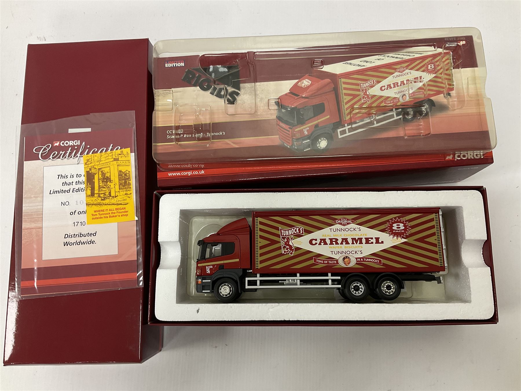Corgi - four ‘Rigids’ limited edition 1:50 scale die-cast vehicles comprising CC14202 - Scania P Box Lorry Tunnock’s no.1035/1710; CC13515 - Volvo FM Fridge Lorry The Real McKay Ltd; CC13903 - Foden Alpha Curtainside Lorry Stan Robinson Ltd; CC11913 - ERF EC Aggregate Tipper Brian Harris Transport; all boxed (4)
