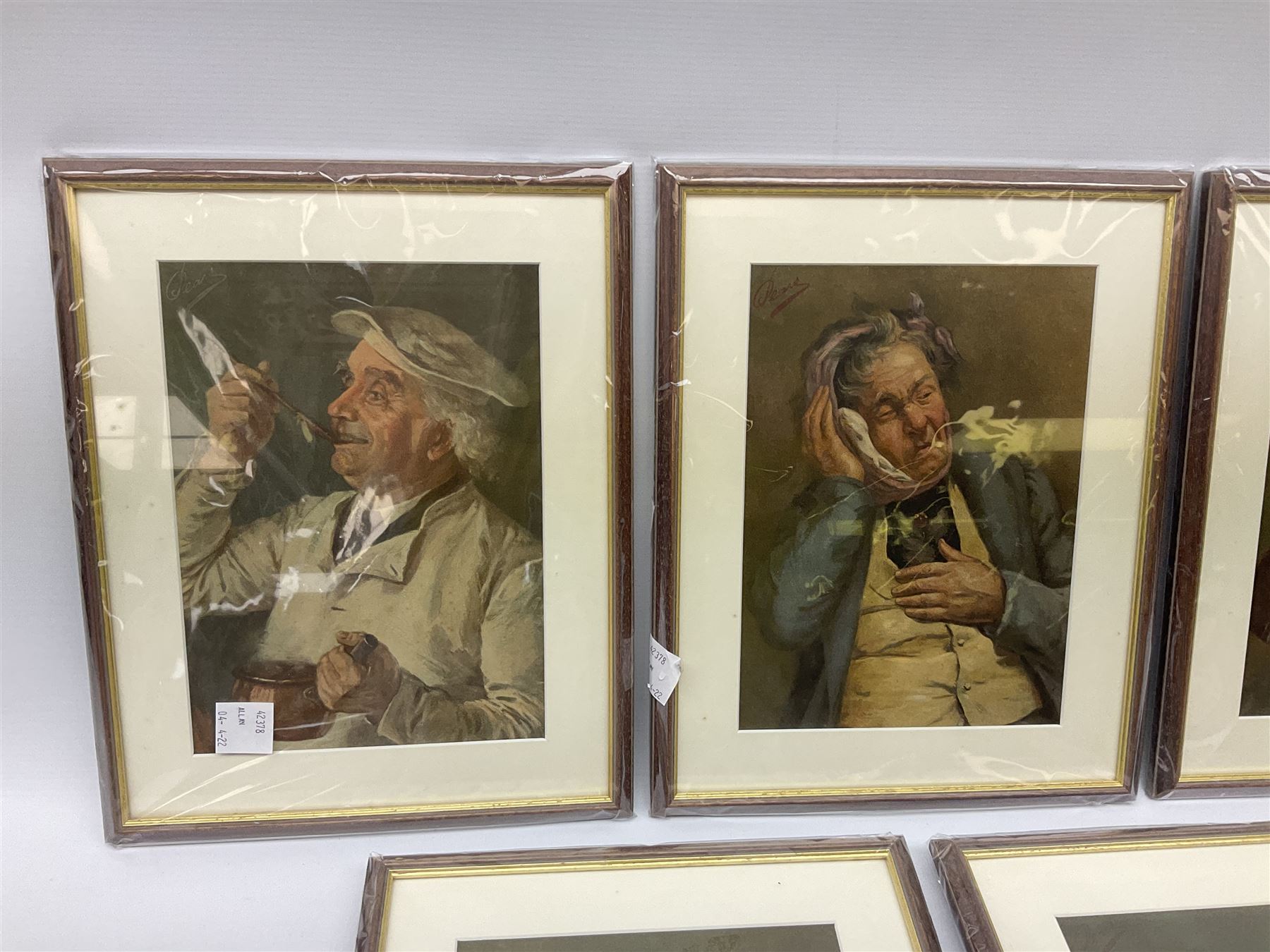 A series of five Pears character prints depicting a personification of the senses, including 'Feeling', 'Smelling', 'Hearing', 'Tasting' and 'Seeing', depicting gentlemen of various occupations, offset lithographic prints 28cm x 20cm (5)