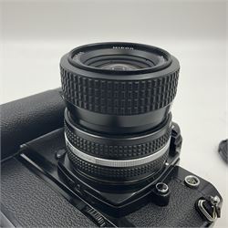 Nikon FM2n camera body, serial no. N8683100, with 'Nikon Zoom-NIKKOR 35-70mm 1:3.3-4.5' len, serial no. 2236565, Nikon MF-16 data back, serial no. 212905 and Nikon MD-12 Motor Drive, serial no 1570382 