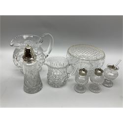 Assorted collectables, comprising Wedgwood Petra pattern six piece coffee set, six Royal Doulton Rondelay pattern coffee cans and saucers, small selection of glass, including Edinburgh facet cut jug, pair of silver plated candlesticks with oblique gadrooned detail, and a bed warming pan with pierced copper pan. 