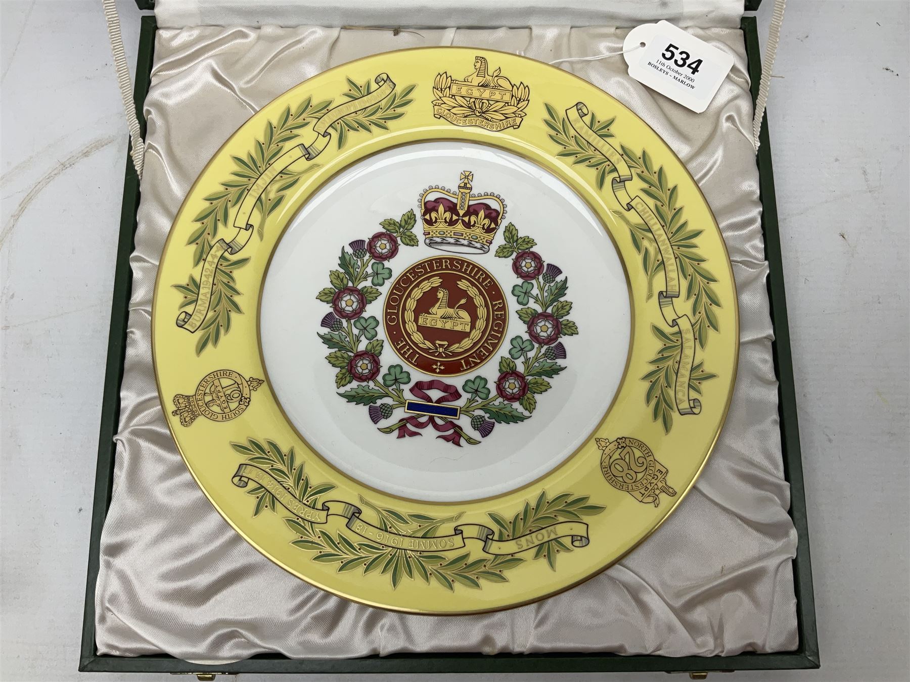 Five Spode Mulberry Hall limited edition Regimental commemorative plates - Parachute Regiment No.51/500; Gloucestershire Regiment No.38/500; Duke of Wellington's Regiment No.285/500; Royal Welch Fusiliers No.40/500; and Green Howards No.213/500; all boxed with certificates (5)