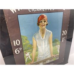 Wills Gold Flake Cigarettes advertising board, framed depicting a lady at the tennis, advert H51cm, L38cm