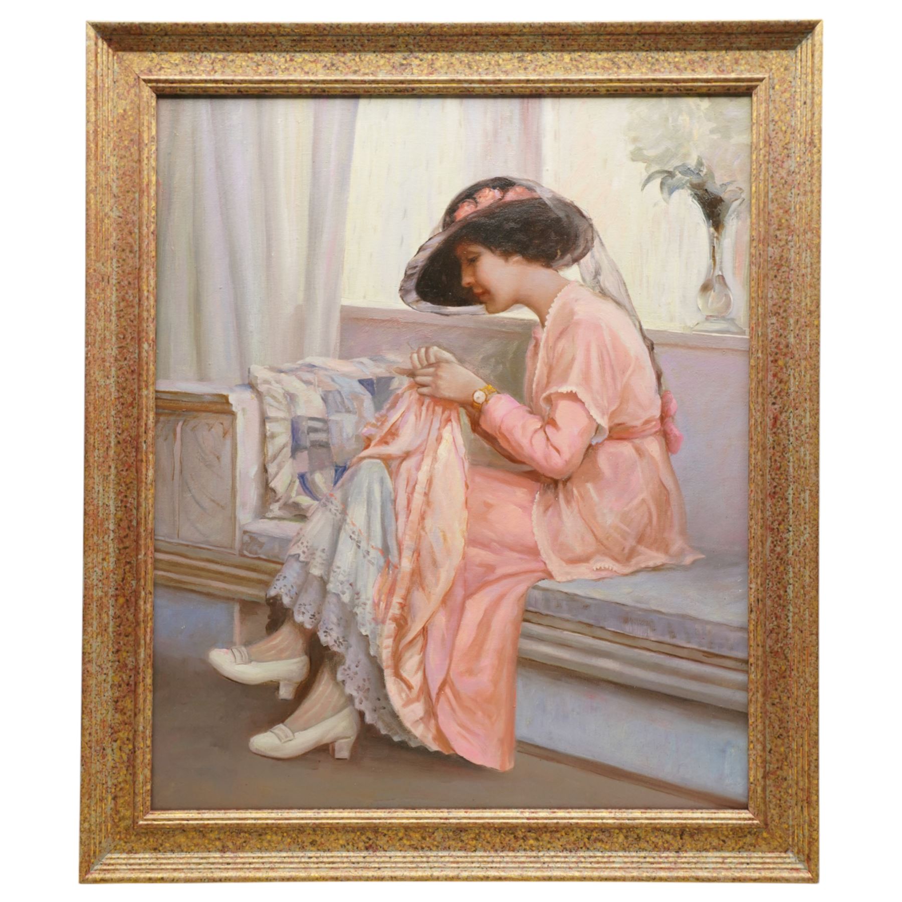 After William Henry Margetson (British 1861-1940): 'A Stitch in Time', oil on canvas unsigned 59cm x 49cm