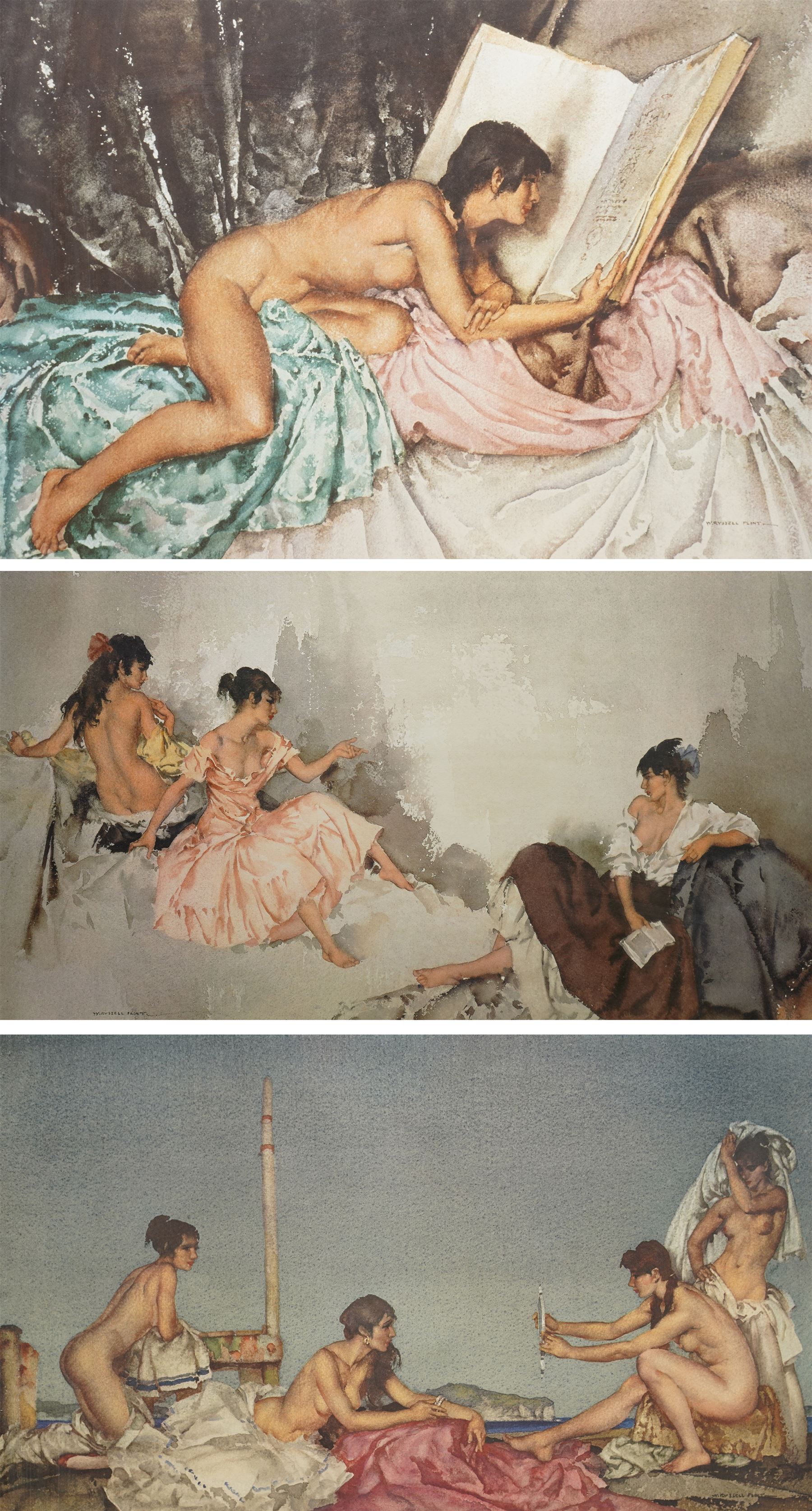 Sir William Russell Flint (Scottish 1880-1969): 'The Silver Mirror' 'Three Girls' and 'Janelle and the Volume of Treasures', three limited edition colour prints numbered in pencil with blind-stamp, the former signed in pencil max 40cm x 53cm (3)