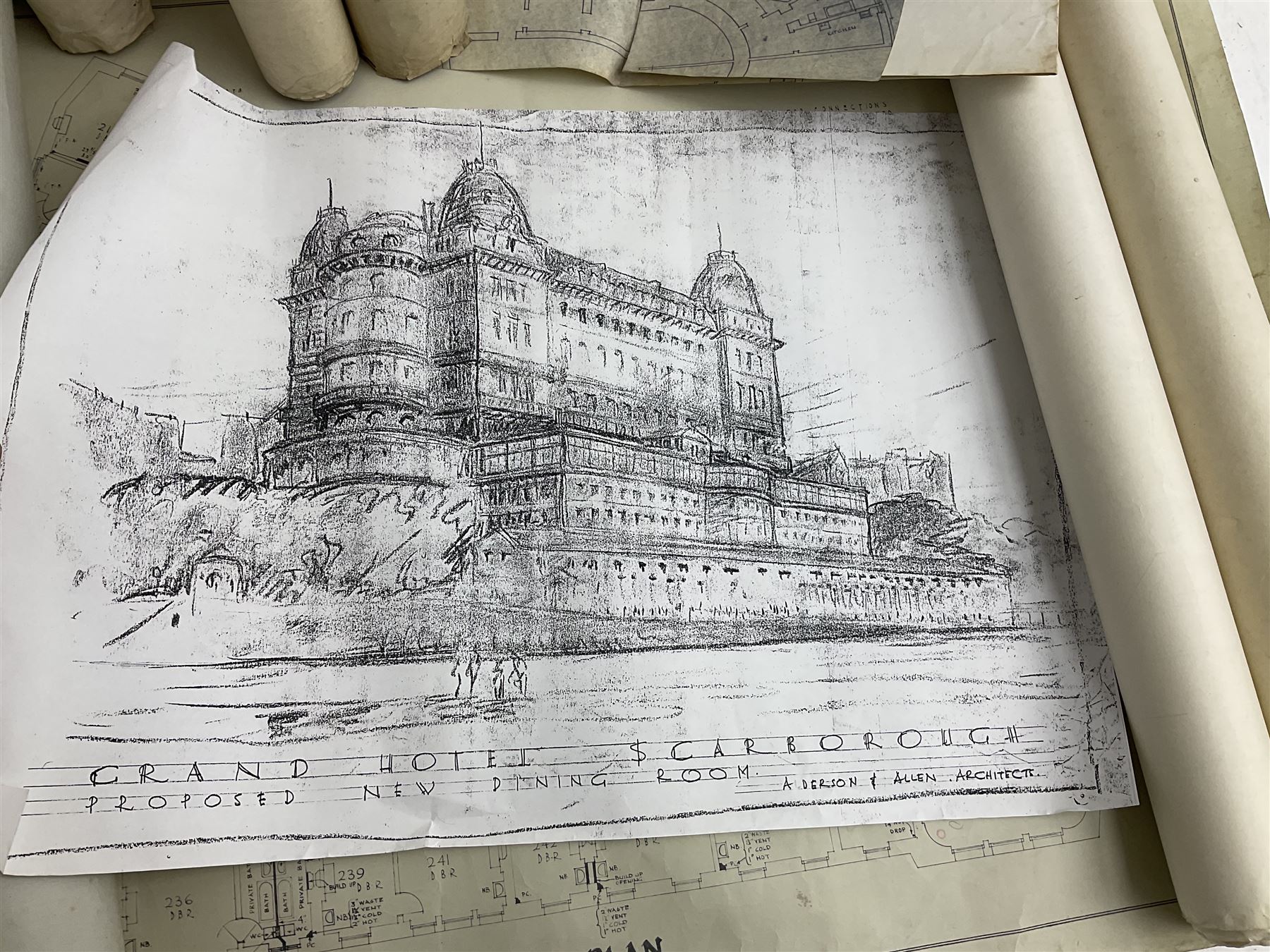 Collection of architectural plans and drawings related to The Grand Hotel, Scarborough, predominantly by Spiers and Pond Surveyors, London, dating from the 1920s to 1950s, to include Third Floor Plan New Bathrooms and Basins in Bedrooms on Landside 1929, Fourth Floor Plan by Alderson & Allen Chartered Architects 1952, 1940s amendments etc