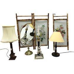 Three table lamps, oval swing mirror and bamboo folding screen decorated with flowers, H71cm