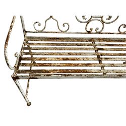 Regency design wrought metal garden bench, central lyre back with foliate S-scrolls with serpent masks, flanked by two floral mouldings and further scrolling, metal slatted seat on straight supports joined by H-stretcher  - THIS LOT IS TO BE COLLECTED BY APPOINTMENT FROM DUGGLEBY STORAGE, GREAT HILL, EASTFIELD, SCARBOROUGH, YO11 3TX
