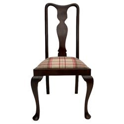 Mixed set of twelve early 20th century mahogany Queen Anne style dining chairs, all with shaped vase backs and cabriole front supports, matching drop-in seats upholstered in tartan patterned fabric
