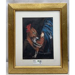 Ron Wagstaff (Northern British 20th Century): 'Heavy Lunch - Leopard', 'Cross County at Epworth', Draft Horses and The Farm, collection of four watercolours signed, variously titled verso; Dawn Ogel (British 20th Century): The Cockerel, pastel signed max 38cm x 35cm (5)