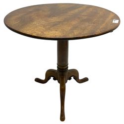 George III mahogany tripod table, circular tilt-top on gun barrel pedestal with three splayed supports carved with scrolls 
