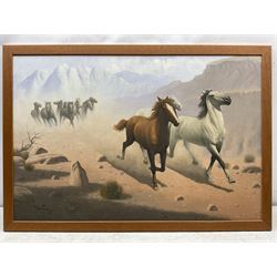 Navin (20th century): Running Horses, oil on board signed 59cm x 89cm