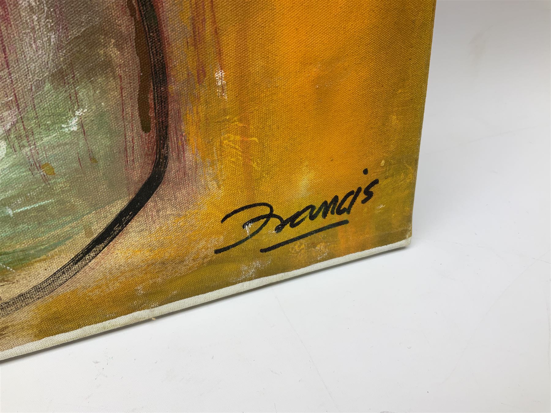 Francis Perera (Sri Lankan 1931-): 'Divided Love', oil on canvas signed, titled verso 73cm x 86cm (unframed)
Notes: Perera a noted Sri Lankan artist has had many solo exhibitions both in his home country and overseas. He is a six time winner of the Presidential Award, represented Sri Lanka in Washington DC to commemorate the 50th anniversary of its independence, exhibited at the Royal Commonwealth Society in 2002, and at the 20th International Art Festival in Germany.