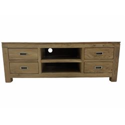 Hardwood entertainment console unit, fitted with two shelves and four drawers