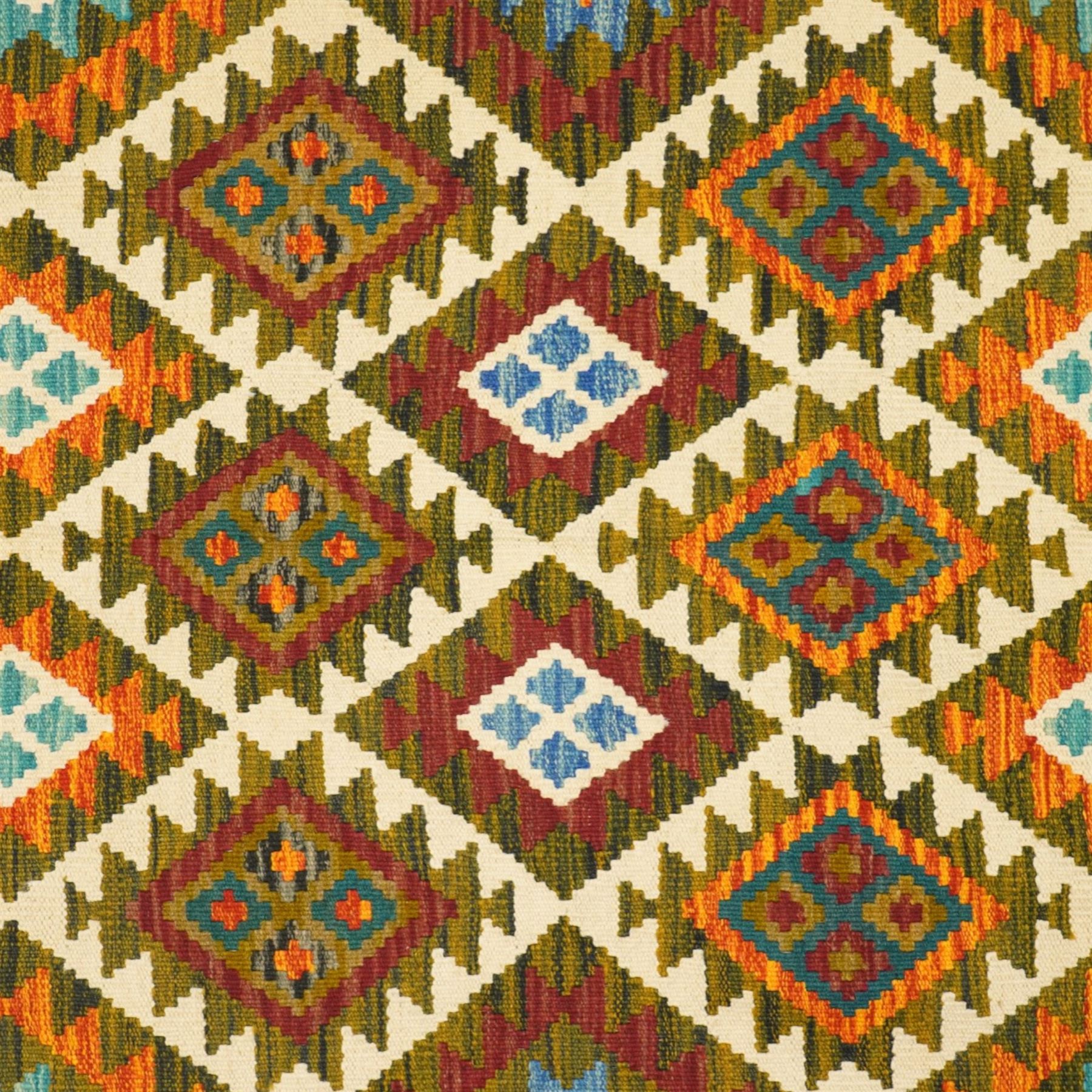 Afghan Maimana flatweave kilim, central field features large bold nested diamond motifs and stylized geometric lozenge patterns on olive purple, blue, and green tone ground, dark green border stripe, with fringe ends