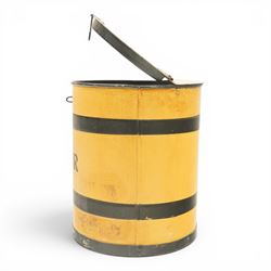 Early 20th century painted pine flour bin, cylindrical form with hinged circular cover, yellow painted ground with black painted bands and stencilled ‘FLOUR’ lettering, fitted with iron hasp and staple fastening
