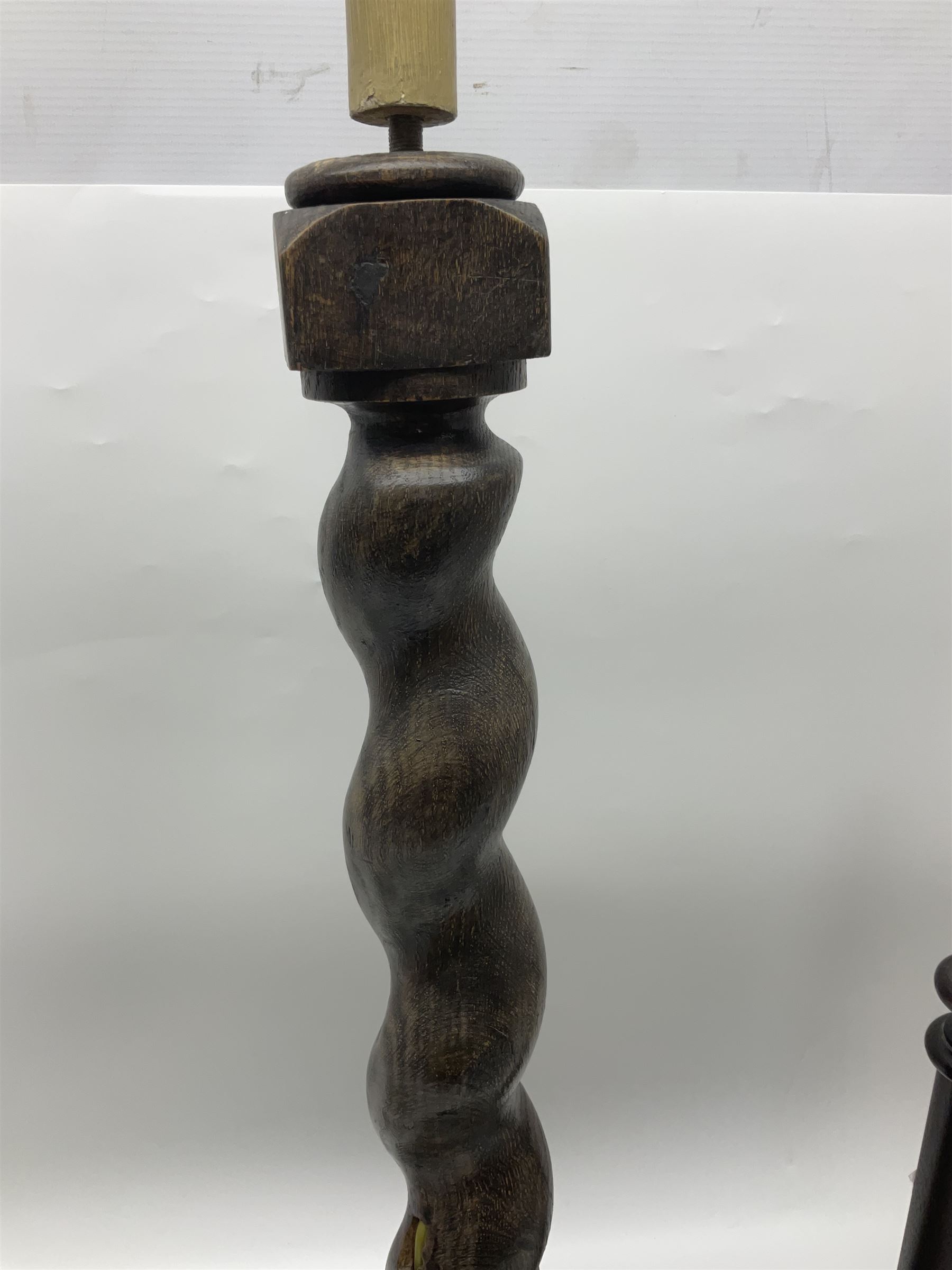 19th century oak barley twist table lamp, together with three other table lamps, including off white painted foliate example, tallest H86cm