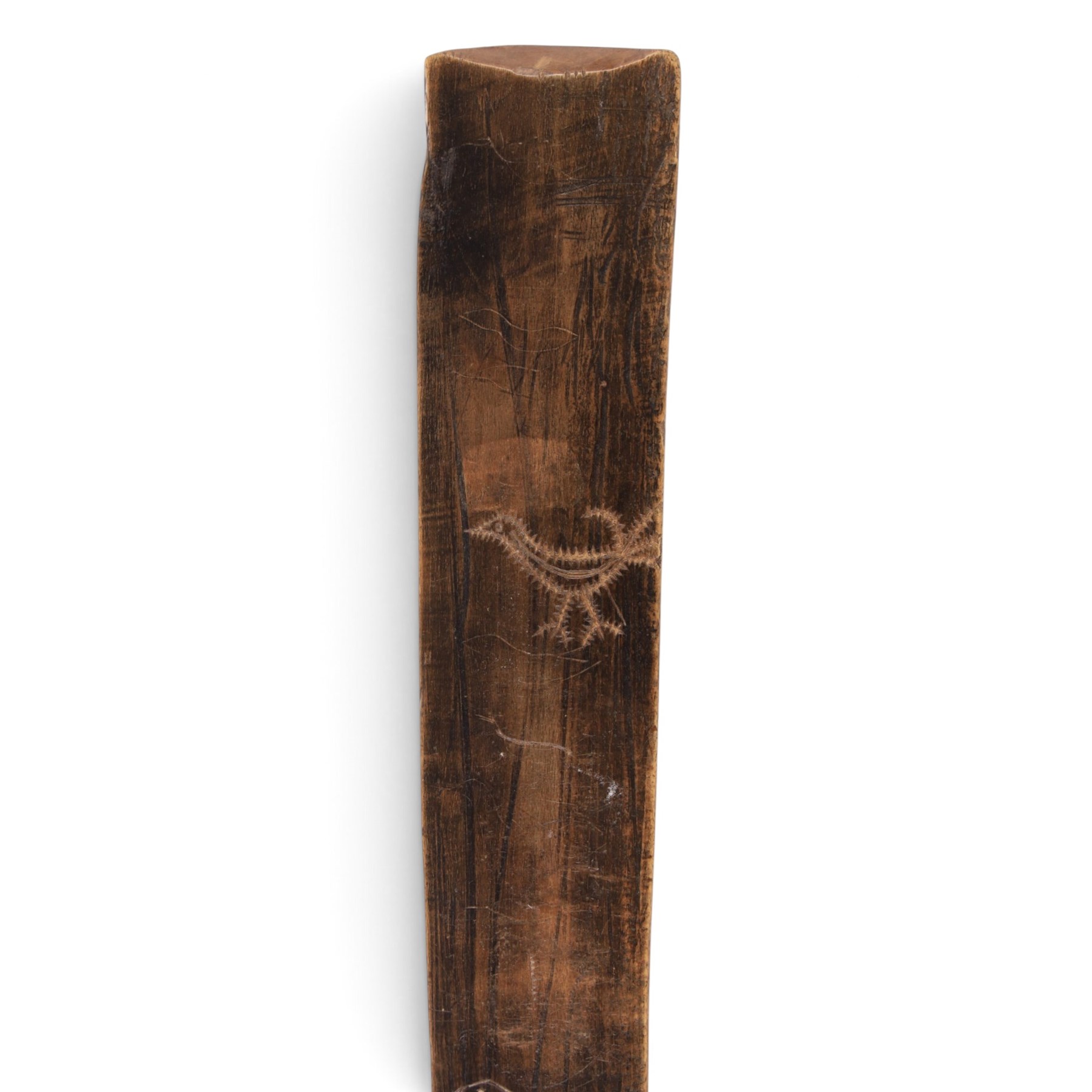 19th century stay busk, of typical triangular form carved with hearts and stylised flowers, with two carving of birds to the verso, L29cm