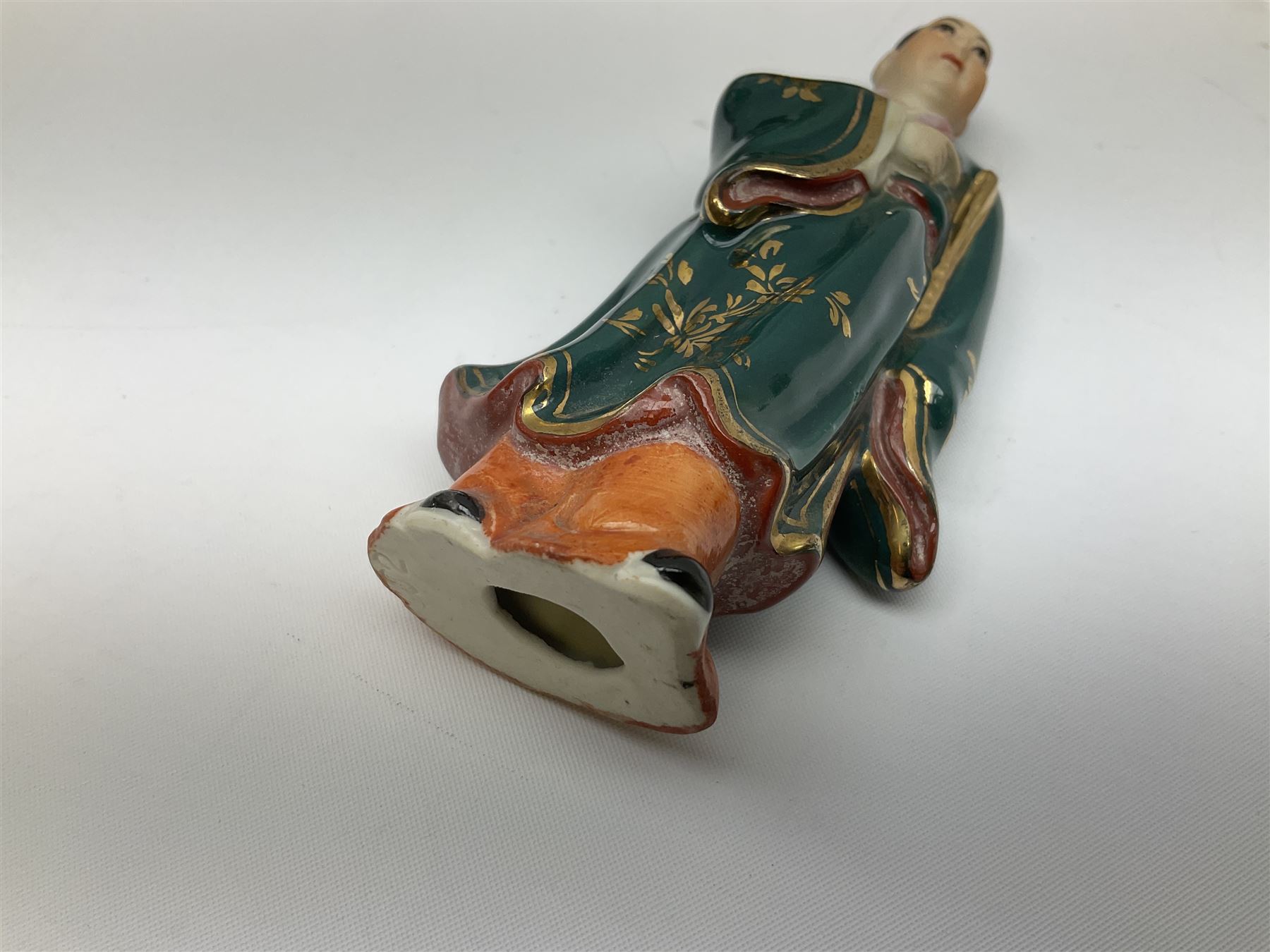 Japanese parquetry puzzle box L12cm; another Japanese puzzle box with marquetry top of Mount Fuji; eleven graduated Chinese figures including immortals; and Chinese figure of a lady standing on a hardwood base next to a horn table (14)