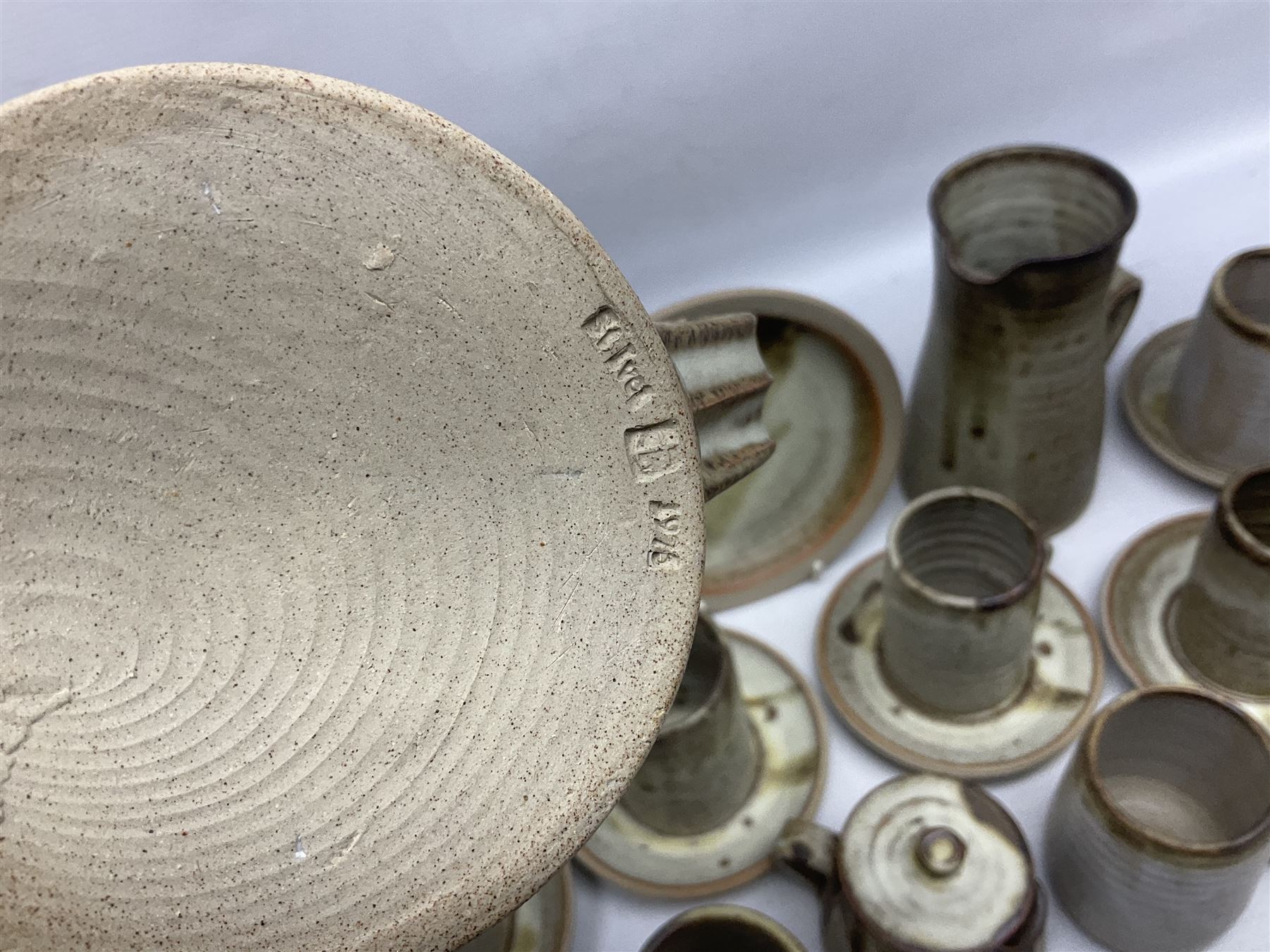 1970s Anchor studio pottery St Ives part coffee service by John Buchanan, all with various impressed anchor, St Ives and other marks, together with similar set of six studio pottery cups with impressed RP monogram