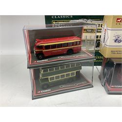 Corgi - The Connoisseur Collection, four die-cast models of double decker buses Nos.34301, 34703, 35005 & 35101; five Original Omnibus Company buses in perspex cases; and Classics Leyland Tiger PSI Skills Motor Coaches Limited coach No.97214; all boxed (10)