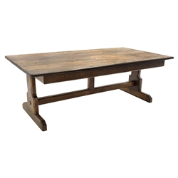 Large oak refectory dining table, rectangular moulded plank top, shaped end supports connected by stretcher, sledge feet, 229cm x 90cm, H79cm