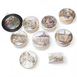Collection of Victorian Prattware pots, most with matched covers, to include 'Hide and See...
