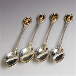 Royal Society for The Protection of Birds silver spoon collection, twelve spoons each inset with a silver-gilt bird cameo, hallmarked John Pinches Ltd, London 1975, in wooden presentation case with certificate of authenticity