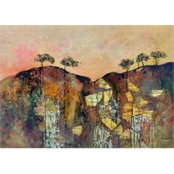 Ann Lamb (British 1955-): Autumn Tree Line, mixed media on canvas signed 50cm x 70cm